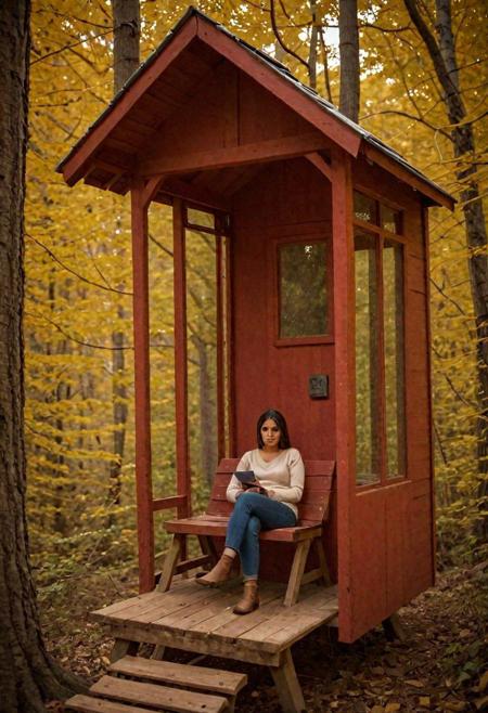 Very small phone booth with attached mailbox, surrounding an adult woman in dirty clothes sitting in a red and dark blue treehouse, creating a hyperpunk scene with desaturated  brown and dark blue details, colorful (polaroid:0.7) with vibrant colors, (vacations, high resolution:1.3), (small, selective focus, european film:1.2), (sexual advance:1.1), closeup,
[signal light|emergency light|red light|red light|green light|neon light_light signal, chart|analysis chart|monitoring screen |Various indicators|marquee|head-up display_LED signage, observation window|main window|side window_window, handle|indicator|window|slogan|light signal_hatch, leather seat|helmet|adjuster|headset| Pedal_Driver's Seat:0.4],
[Metal|Leather|Flash|Neon|Glass|Screen|carpaint_Detailed Texture: 0.7],
(sci-fi:1.2), (futuristic:1.2), (dystopian:1.1), (realistic:1.2), (industrial:1.2),(mecha:1.1), 
OverallDetail, great lighting, treehouse, zoya, clear, xtower, industrialbuilding
