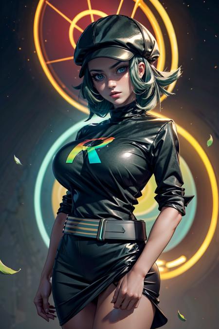 zzRocketGrunt, green eyes, green hair, short hair,   zzRocketGrunt, green eyes, green hair, short hair, black hat, black shirt, black skirt, grey belt, 