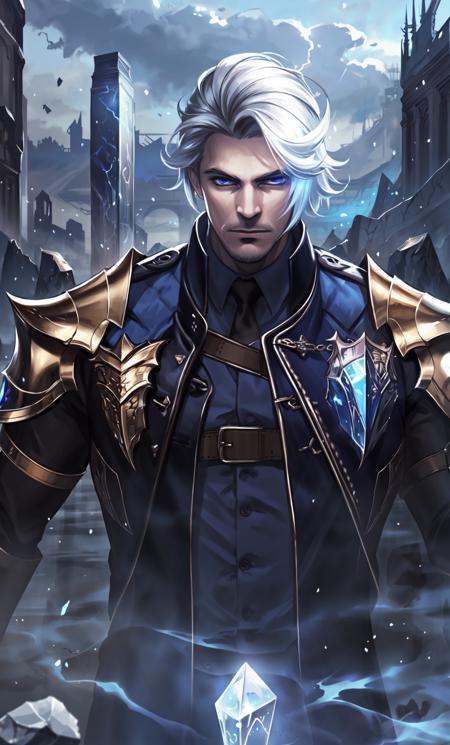 masterpiece,best quality,highres,1boy,<lora:ShadowverseVincentV3:0.75>,old,dark blue suit,armor,floating crystals,rocks,shattered buildings,ruins,fog,magic,runes,aura,looking at viewer,cool face,expressionless