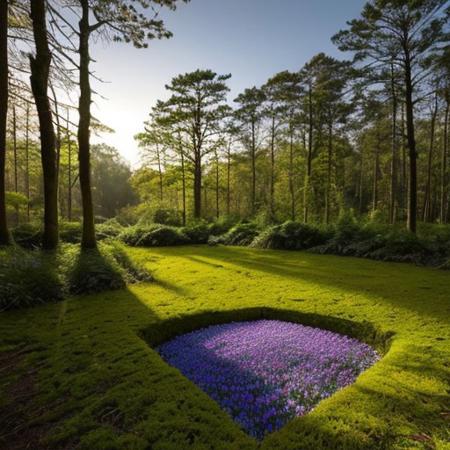 A hyper-realistic painting featuring a three-dimensional blue triangle with human eyes and a mouth, clearly expressing an emotion such as sadness or joy. The triangle should have realistic textures and lighting, making it appear as part of the physical world. It is set in a lush, vibrant forest at dawn, with sunlight filtering through dense foliage, illuminating the moss-covered ground and small wildflowers. Birds and woodland creatures add life to the serene setting. The triangle should blend seamlessly into the environment despite its surreal form, creating a striking contrast between the natural beauty of the forest and the lifelike, anthropomorphic triangle