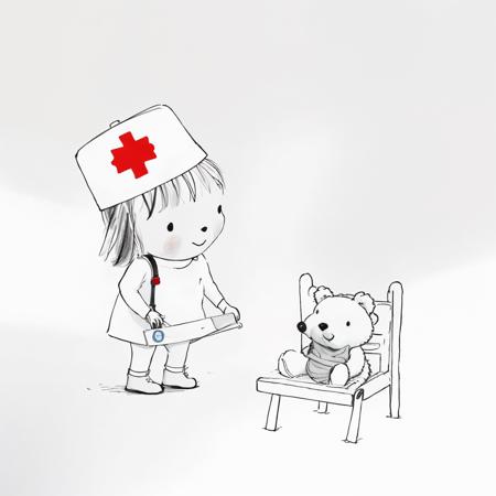 janemassey, massey, 
lineart, white background,illustration, cute, 2d,
1girl, solo, simple background, hat, underwear, nurse, bear,
 <lora:janemassey-04:1>