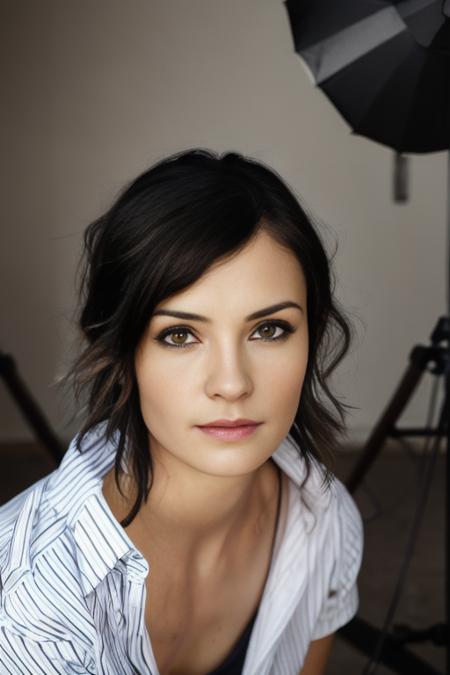 <lora:f4mk3:0.9>, a Realistic photo of a f4mk3 woman,skirt, breasts, looking at viewer, short hair, brown hair, shirt, black hair, cleavage, brown eyes, upper body, striped, lips, striped shirt, realistic, nose, soft lighting, professional Photography, Photorealistic, detailed, inside a dark Studio Room background, blurred background, RAW, analog, sharp focus, 8k, HD, DSLR, high quality, Fujifilm XT3, film grain, award winning, masterpiece