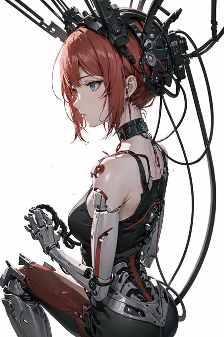 (((masterpiece))), (((best quality))), ((ultra-detailed)), (highly detailed CG illustration), ((an extremely delicate and beautiful)),(from side),cinematic light,((1mechanical girl)),solo,full body,(machine made joints:1.2),((machanical limbs)),(blood vessels connected to tubes),(mechanical vertebra attaching to back),((mechanical cervial attaching to neck)),(sitting),expressionless,(wires and cables attaching to neck:1.2),(wires and cables on head:1.2)(character focus),science fiction,white background, extreme detailed,colorful,highest detailed, solo, green_eyes, red_hair,hiseki erio, Erio_casual, <lora:Erio_v0.50_casual:0.3>, detailed beautiful eyes, black_tank_top