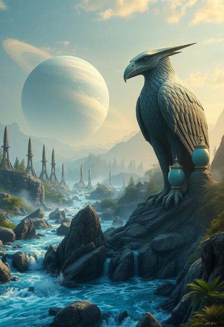 a giant alien, avian statue, with a sharp beak and eagle eyes, its clawed feet astride a fast flowing blue river with spray rising from jagged rocks, guards a valley. In the near distance several structures, tall narrow spires topped with large egg shaped crystal houses. On the horizon a giant ringed planet, its atmosphere a swirl of blues and greens, rises over an alien forest