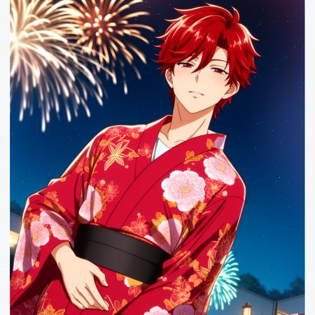 4K, Masterpiece, highres, absurdres,<lora:Bishounen:0.7>, bishounen, attractive man, red hair, male yukata, standing, closing in for a kiss, taken from a sony camera low angle, from below, fireworks in the background