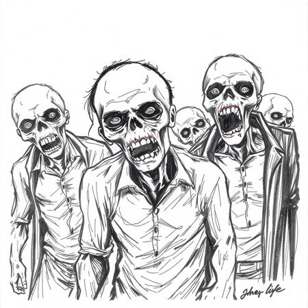Black and white sharpie sketch of the zombies from John Carpenters "They live"