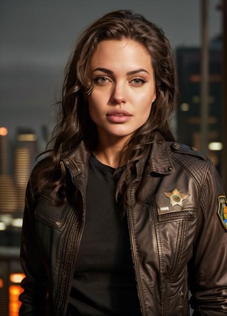 Portrait of anjo as a beautiful female model, georgia fowler, beautiful face, with short dark brown hair, in cyberpunk city at night. She is wearing a leather jacket, black jeans, dramatic lighting, (police badge:1.2)
 <lora:AngelinaJoliev1:0.9>