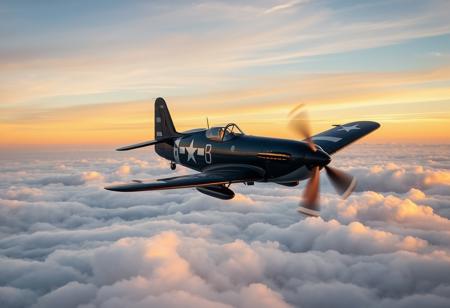 masterpiece, highres, best quality, high quality, highly detailed, upscale, clear image, sharp image, sharp focus, sharp lines, high definition, photograph, Vought F4U Corsair bf-109, flying over clouds, sunset