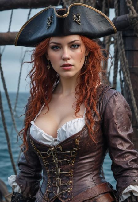 Beautiful sinister Pirate girl, Intricately Designed tight pirate clothes and corset, long coat, pirate hat, Action Adventure, standing aboard a pirate ship on a stormy sea, realistic brown eyes, wavy red hair, Sensual female curves, beautiful perfect detailed pupils, 8k, daylight, Pirates of the Caribbean style, high contrast, colorful polychromatic, wet oily shiny skin, ultra detailed, (Intricately Designed dirty face: 1.3), Cinematic clorful lighting, realistic body and face, Photograph Taken on Nikon D750, Intricate, Elegant, Digital Illustration, Scenic, Hyper-Realistic, Unreal Engine, CryEngine, Octane Render, Artgerm, WLOP, Greg Rutkowski, 8k ultra high resolution concept art, hyper-defined, sharp focus, echoing, (hyperdetailed body and face: 1.3), beautiful firm Breasts, defiant and seductive, Atrractive, Atrractive 21 years old woman, attractive bust girl, (Portrait painting of beautiful Pirate woman: 1.5), Intricately Designed tight pirate clothes and corset, ultra realistic, concept art, intricate details, eerie, highly detailed, photorealistic, octane render, deep color, unreal engine. art by artgerm and jim lee, pen and ink drawing, full body, day time