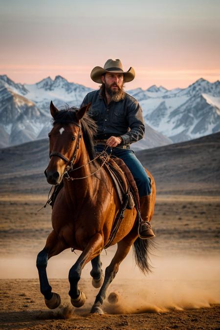 proffesional photo, cowboy, hat, beard riding horse, horse sprinting,black horse, ((motion blur)), american dessert and mountains background, sunset background, sun shadows, realistic photo, realistic shadows, ((side photo))