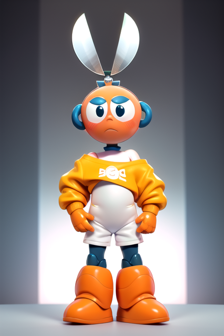 1boy, solo, no nose, (cut_man:1.2), (head scissors, no nose:1.1), orange head, orange boots, orange gloves, wearing oversized orange shorts, white bodysuit, off shoulder, age regression, oversized clothes, oversized clothing, baggy clothing, baggy shorts, robot, frown, shy, blushing, embarrassed, cross-eyed, cute, standing, teeth, clothing grab, shorts grab, perfect hands, (masterpiece, highly detailed:1.2), no humans, noseless,