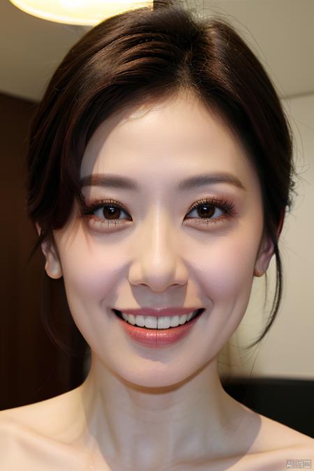 PHOTOREALISTIC REALISTIC, masterpiece, best quality, highres, ultra detailed, 8k, 1woman, indoors, looking at viewer, strobe light, make up,  jiajingwen, smile, teeth,<lora:EMS-267424-EMS:0.600000>