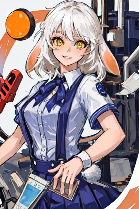 best quality, ultra detailed, beautiful detailed face, perfect anatomy, whole body shot, long white hair, yellow eyes, floppy rabbit ears, short shirt, short sleeves, blue short pleated skirt, suspenders skirt, <lora:radiyu_Streamer:1>, full-length shot