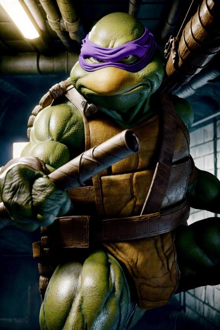 <lora:TMNTDonatello-10:0.8>(RAW photo, real life, absurdres, high quality, photorealistic, detailed, realistic:1.3), (solo:1.3), a high resolution photo of a TMNTDonatello, knee level body shot, a teenage mutant ninja turtle with a purple bandana mask with eye-holes holding a wooden fighting staff, dynamic resting fight stance pose, in a dark city sewer interior, sewer interior and pipes in background, cinematic, atmospheric, 8k, realistic lighting, shot by Hassleblad H6D, Zeiss, Kodachrome, nikon, 50mm 1.2 lens, Octane Render, ultra realistic, realistic lighting, photorealistic, photorealism, photoreal, unreal engine 5, Adobe After FX, highly detailed, intricate detail