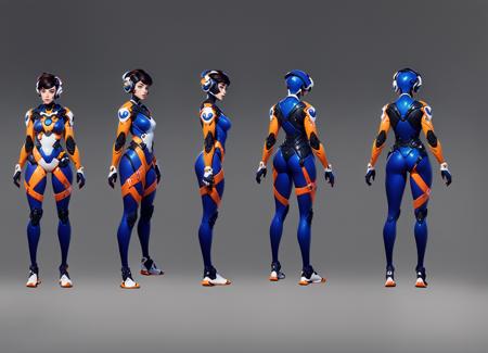 rear view,rear side view,front view,front view,front side view,side view,multi-view,concept art,hand drawn drawing,mechanical prosthetic design,1 girl,(overwatch),long hair,face markers,gun,tights,pilot's suit,hands on hips,brown hair,headphones,gloves,standing,white gloves,shoulder pads,face painting,bangs,gradient,breasts,gradient background,turtleneck,smile,ribbed tights,medium breasts,skin tightness,wrist guards,full body,brown eyes,gray background,White footwear,looking at the audience,armor,turtleneck,boots,shut up,blue tights,bangs,palanquin,thigh straps,shoulder armor,legs apart,print ,<lora:Multi-view V2:1>,