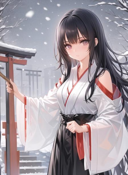 1girl,miko, black hair, torii, outdoors,  day,snowing, holding broom,  eyelashes, blunt bangs, long hair, hair down, looking at viewer,    <lora:Kincora_V2U_e8:1>,