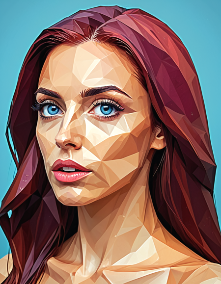 polygon style, low-poly animal, angular shape,
face close up,
geometric womans face,
model face, pretty,
wet dark red hair, thick long hair,
head tilt, blue eyes,
large eyes, big plump lips, small nose, blush, 
45º angle, profile, 
clean polygon edges, symmetrical design, digital art,
<lora:Polygon_Lora_XL:1>
background polygonal sunset, bright colors, tan, tshirt