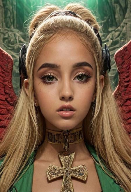 , solo of goodisis, goodnes ornate, egypt, oasis, energy, aura, dust, debris, Face looking, tanned skin, women, Ankh Cross, wings, ankh, Black Eyeliner Ariana Grande-Butera cyber punk blond Ariana Grand-Butera red army thin transparent wet green cloth