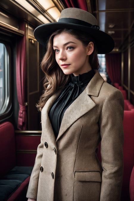 SarahB_SoloTI_v1,
(In an elegant, vintage ensemble with a tailored coat and sophisticated hat, with perfectly styled hair and a poised, mysterious expression, for a look of classic sophistication), (Amidst the luxurious, art-deco interiors and plush compartments of a famous train, where intrigue and suspense weave through a web of complex characters and hidden motives:1.3), (mysterious:1.3),(analog, cinematic, rich tones, soft lighting, detailed compositions, cinematic shot:1.3),
<lora:add_detail:0.6> epiCPhoto, PA7_Portrait-MCU,