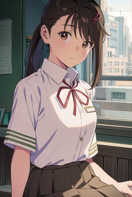 suzumeiwato, <lora:suzumeiwato-lora-nochekaiser:1>,
suzume iwato, black hair, (brown eyes:1.5), ponytail, hairclip, hair clip, hair pin,
BREAK skirt, shirt, ribbon, brown eyes, school uniform, white shirt, short sleeves, pleated skirt, collared shirt, red ribbon, neck ribbon, green skirt,,
BREAK looking at viewer,
BREAK indoors, classroom,
BREAK <lyco:GoodHands-beta2:1>, (masterpiece:1.2), best quality, high resolution, unity 8k wallpaper, (illustration:0.8), (beautiful detailed eyes:1.6), extremely detailed face, perfect lighting, extremely detailed CG, (perfect hands, perfect anatomy),