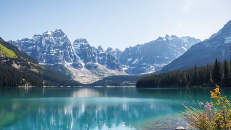 lake, summer in close, mountains with snow picks in far, best HDR photo, good sharpness