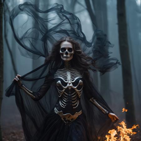 The Skeleton young Witch, flying, epoxy_skull, amidst a black swirling vortex in a dark, mystical forest. A beautiful woman with long hair stands, her figure draped in skeletal armor and an ethereal dress, engulfed by the swirling darkness. The scene is intensely cinematic, dominated by deep shadows pierced by subtle hints of light, crafting a dramatic interplay of darkness and luminescence. Wind, intensified to 1.2, weaves through the trees, enhancing her enigmatic silhouette, now surrounded by black smoke and the eye of a storm. Close-up on her sad expression, amidst sparkling embers and a billowing long piece of cloth, with a faint (intensity:0.5) hint of a Skeleton mask,