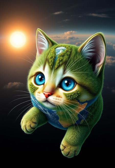 "Hyper-realistic depiction of a kitten crafted entirely from the planet Earth, with continents, oceans, and cloud formations forming its adorable features. The kitten's fur is composed of lush green forests, rolling hills, and vast deserts, while its eyes are two shimmering oceans. The nose is a tiny mountain range, and the whiskers are wispy cirrus clouds. The kitten's body is a perfect miniature replica of the Earth's geography, complete with tiny islands and sea currents. Floating mid-air next to the kitten is the sun, shining brightly and casting a warm glow on the feline's terrestrial form. The sun's rays illuminate the kitten's features, highlighting the textures and patterns of the Earth's surface. Style: extremely detailed, hyper-realistic, and photorealistic, with a focus on capturing the intricate textures and patterns of the Earth's surface and the kitten's adorable expression."