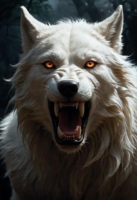 ethereal fantasy concept art of   famous artwork by (fay jones:1.1) and (dan frazier:1.1) and (boris vallejo:1.3), (dramatic scene:1.1), (fractal art:0.4), fantasy style, dynamic angle
werewolf, lycanthropes, mythical creature, humanoid wolf-like form, full moon, hairy furry skin, fangs, wolf ears, wolf-like face  Relieved, Mouth turned up slightly, eyes wide open, and a relaxed jaw.
 <lora:add-detail-xl:3>   . magnificent, celestial, ethereal, painterly, epic, majestic, magical, fantasy art, cover art, dreamy