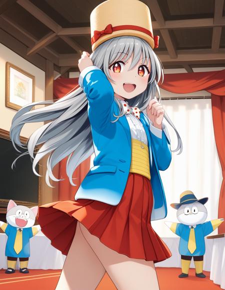 umami-chan, long hair, grey hair, red eyes, hat,   white bowtie, polka dot, blue jacket, jacket, mary janes, long sleeves, red skirt, pleated skirt, black kneehighs, white footwear, uwabaki