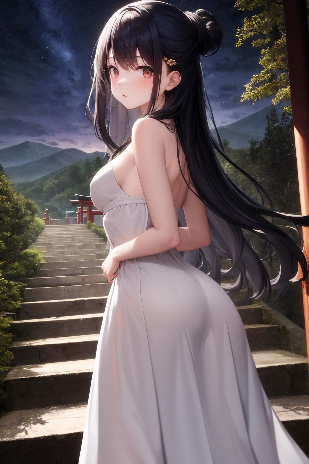 masterpiece, best quality, 1girl, solo, standing, white dress, looking at viewer, looking back, black hair, long hair, tor...