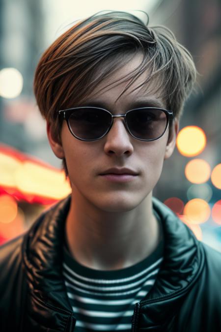 a young man,a close up of <lora:L0u1sHfmn:1>  in street , masterpiece,realistic, 4k, detailed, of seul in the night, highly detailed face, f2.8,denoise, dof, close up, casual clothes, blur background, sunglasses