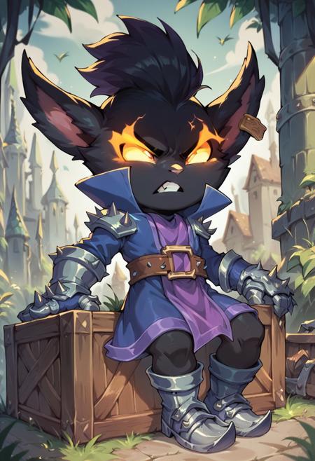 1boy, veigarxl, yordle, shortstack, black fur, glowing eyes spiky, wizard mantle, wizard hat, gauntlets, boots, holding staff omegav military coat, gas mask, belt, poach red hand, prosthetic hand