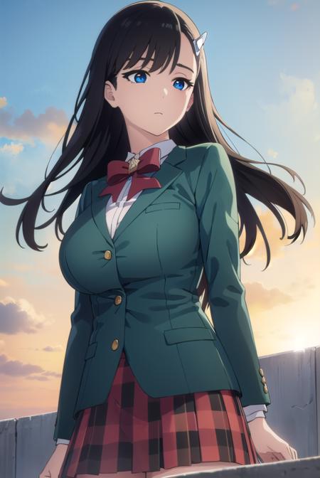 noelniihashi, <lora:noel niihashi anime-lora-nochekaiser:1>,
noel niihashi long hair, blue eyes, black hair, hair ornament, hairclip, (large breast:1.2),
BREAK skirt, shirt, long sleeves, bow, school uniform, jacket, white shirt, pleated skirt, collared shirt, bowtie, red bow, plaid, capelet, blazer, green skirt, green jacket,
BREAK outdoors, city, sun, sky, clouds,
BREAK looking at viewer, (cowboy shot:1.5),
BREAK <lyco:GoodHands-beta2:1>, (masterpiece:1.2), best quality, high resolution, unity 8k wallpaper, (illustration:0.8), (beautiful detailed eyes:1.6), extremely detailed face, perfect lighting, extremely detailed CG, (perfect hands, perfect anatomy),