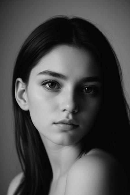 Beautiful 21 year Old woman diamond shaped face, cat eyes, dark eye shadow, high contrast bnw photo, analog film photo, deep shadow, grain