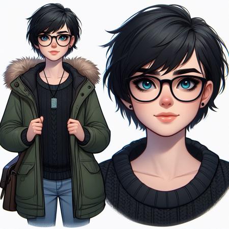 a beautiful girl of 20 years old with short black hair black-rimmed glasses jeans a sweatshirt and a green winter jacket