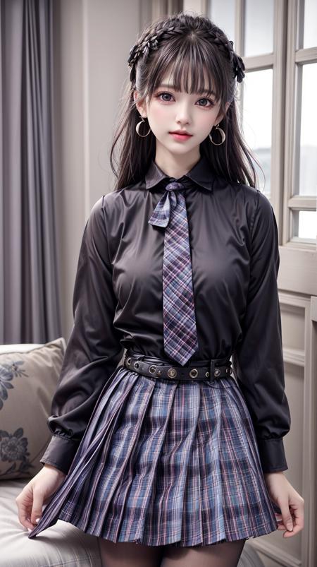 skirt,plaid necktie,belt,plaid skirt,black shirt,bowtie,