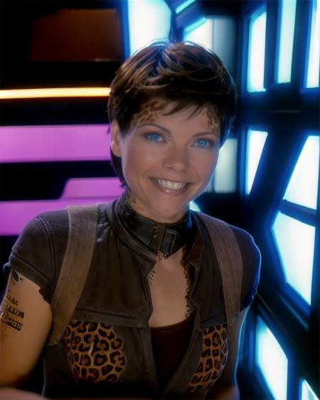 ezri, female, brown leopard spots on sides of face and neck and chest, smile, blue eyes, light skin, very short hair, looking at viewer, edgGrunge, a woman posing for a picture, wearing edgGrunge fashion, cargo pants, leather jacket, wide shot, front view, sci-fi space station interior background, centered subject, nicole de boer, <lora:ezri_lora:0.9> <lora:edgGrungeFreestyle:0.82>