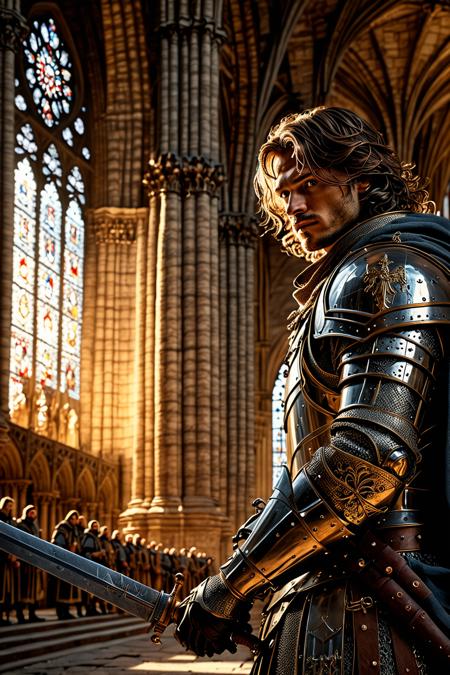 ((masterpiece, best quality, highres, ultra detailed)), 16K, 8K, intricate details, super reality, (perfection lighting:0.8), (cinematic lighting:1.3), Male, A majestic cathedral, A holy knight who fights against soldiers from an enemy country, A sheathed sword containing a treasured sword, Perfect detail, looking at viewer, long hair, <lora:XL_Weapon_Sword__Shield_-_By_HailoKnight:0.1.6>