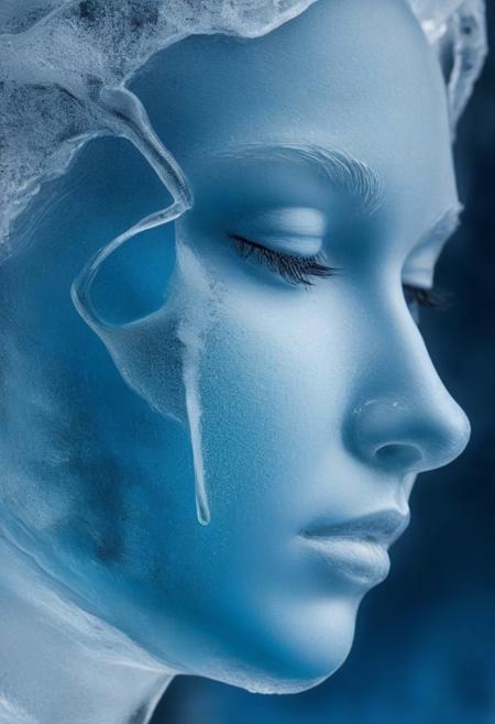frozen girl, 
face covered with a crust of ice, 
cold blue face, 
time has stopped, 
profile on the right, 
side view, 
macro, 
very close, 
foreground, 
surrealism, 
realistic image, 
live picture, 
16k, 
5D, 
live