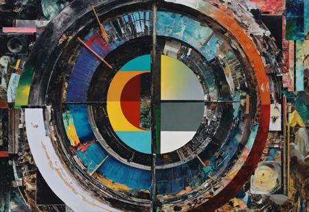 Surreal abstract infinite regression by Kurt Schwitters, photograph with surreal strange mixed media, thick wet paint, psychedelic test pattern for the rich and powerful, electronics, fractured “error 42”, maximalist, window to nature, Met gala