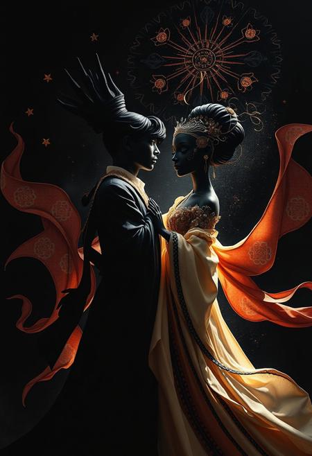 Creative light art: intense jet black, whimsical pop-surrealist figures in baroque style, dynamic composition, soft chiaroscuro lighting, flowing drapery, ukiyo-e textures, rich earthy and pastel palette, artistic lighting, abstract patterns, deep shadows.