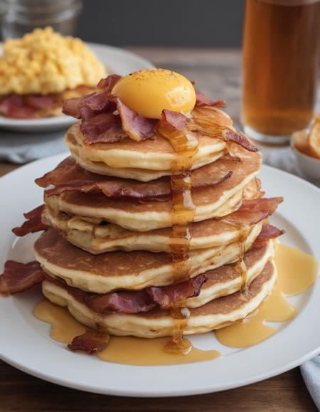 A classic American breakfast plate with fluffy scrambled eggs, crispy bacon, golden hash browns, and a stack of buttermilk pancakes drizzled with maple syrup, served on a white ceramic plate.