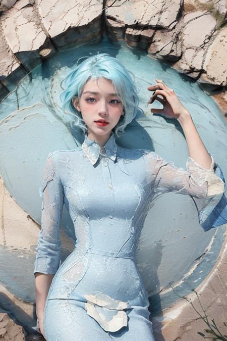 ((masterpiece)), ((best quality)), 8k, high detailed, ultra-detailed, detailed and intricate, 1girl, blue and white hair, shirt, river, forest, vibrant color, <lora:yanhua:1>