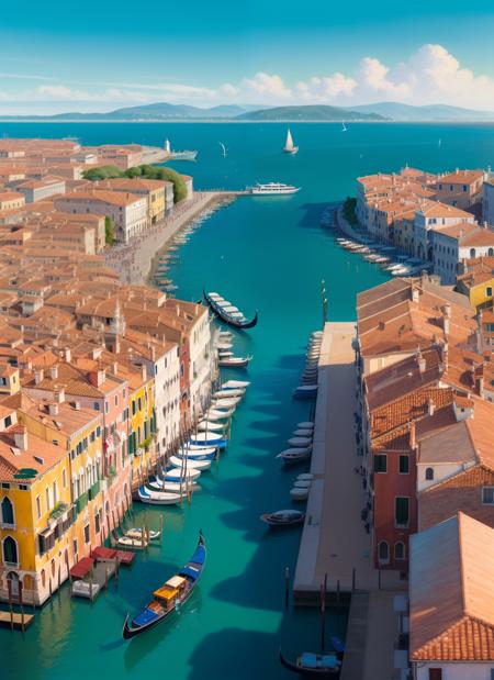 (masterpiece:1.3), (best quality:1.2), (intricate detailed:1.2), (hyperrealistic:1.2), (professional photograpy:1.1), highly detailed, absurd res, (bird's eye view:0.7), venice, blue ocean, low tide, piers, sailboats, yachts, ship wake, cars, tourists, lighthouse, seagulls, horizon, breeze, summer, morning, sunny, cloud, calm, fresh air, depth of field