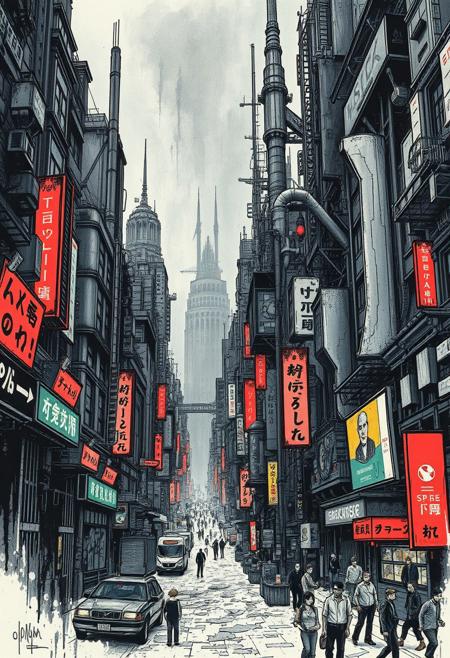 A dystopian cyberpunk cityscape, where grand space-opera scale meets gritty, ink-heavy textures and intricate linework., street art, hidden figures, realistic details, urban landscapes, surreal art, dreamlike scenes, fantastical elements, distorted perspectives, expressionist art, distorted figures, bold brushstrokes, emotional intensity
