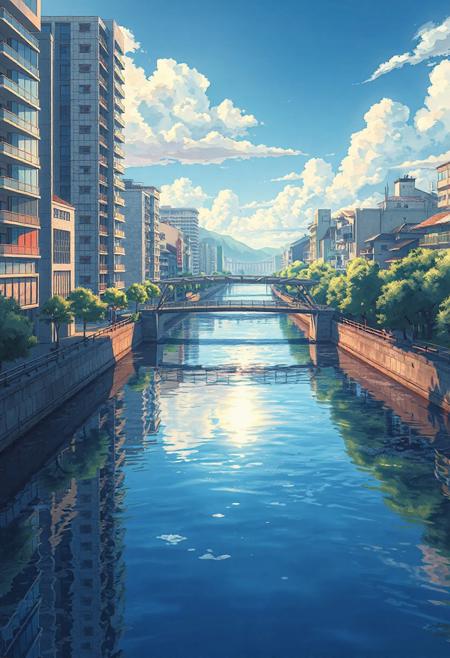 ultra-detailed anime cityscape with a river flowing through, modern Japanese-style buildings, pedestrian bridge crossing the water, warm afternoon sunlight reflecting off the water surface, soft clouds in a clear blue sky, trees lining the riverbank, realistic water reflections, cinematic lighting, anime cel-shading with watercolor gradient, peaceful atmosphere, inspired by Makoto Shinkai and Studio Ghibli, vertical 9:16, 4K high resolution, sharp linework, no people