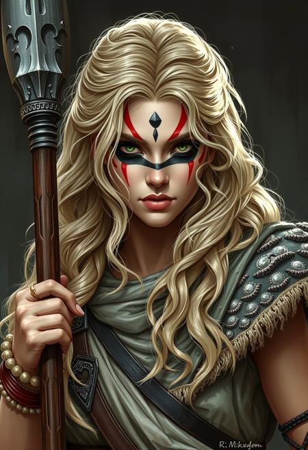Kalloni shows us the glory of battle, the value of truth, and represents the beauty of the life that we defend. She is blonde, with wavy hair. She wears black warpaint around her eyes, and red in streaks around her face. She carries a mace as a weapon.