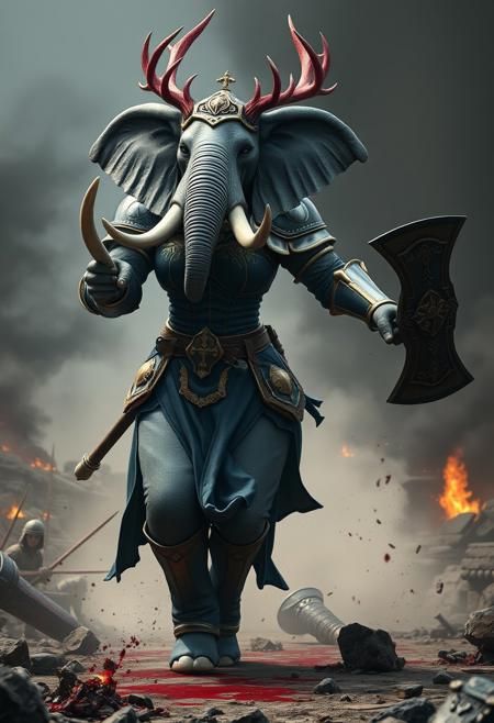 hyperrealistic, anthropomorphized elephant/human female (with female human body, elephant head), grey skin, bald, large tusks, large elephant trunk, 
knight, blue and gold full armor, long pelvic curtain, muscular thighs, holding a midevil war-hammer, knight, crown of red antlers,
charging into battle, fighting, hero pose, surrounded by smoke, surrounded by blood, blood splattered on floor, midevil battlefield, burning rubble, 
cinematic composition and lighting. Masterpiece. 8k. Very detailed.
