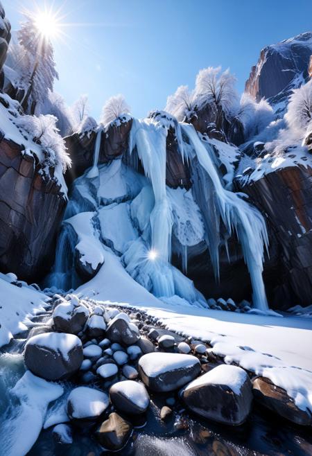 score_9, score_8_up, score_7_up, score_6_up, score_5_up, score_4_up, (absurdres, best quality, masterpiece:1.4), illustration, photorealistic, cinematic lighting, dynamic angle, perfect composition, ice, frozen waterfall, icy cliffs, crystal clear, snow-covered rocks, serene, winter landscape, sparkling in the sun, untouched, tranquil