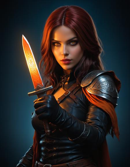by Clyde Caldwell and Davis Marc, hyper realistic full view photo of  a (famous videogame concept art:1.1),  (female rogue holding a brightly glowing magic knife with runic gravures:1.3), (glowing eyes:1.1), (seductive , attractive , colossal , gothic , masterful:1.4), bold lines, hyper detailed, award winning, limited color palette, high contrast, depth of field, (intricate details, masterpiece, best quality:1.4), red and orange color hue,
dramatic cinematic lighting, film grain, looking at viewer, dynamic pose, wide angle panoramic view,
<lora:add-detail-xl:0.5> <lora:xl_more_art-full_v1:0.5> <lora:looking_at_viewer:2>